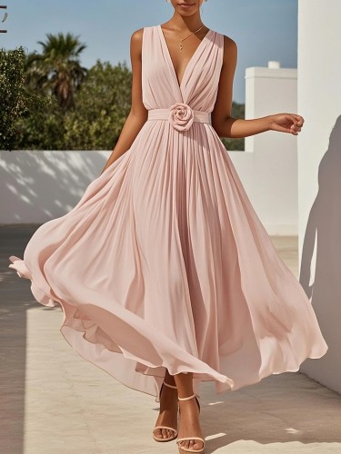 🤎Elegant Sleeveless Chiffon Maxi Dress for Wedding & Ceremony | Pleated Floral Waist Design✨