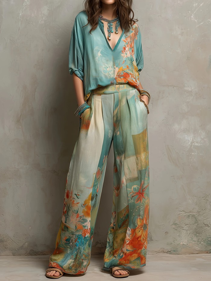 ✨Elegant Loose Floral Two Piece for Holiday & Dinner | V Neck Wide Leg Matching Outfit🌊