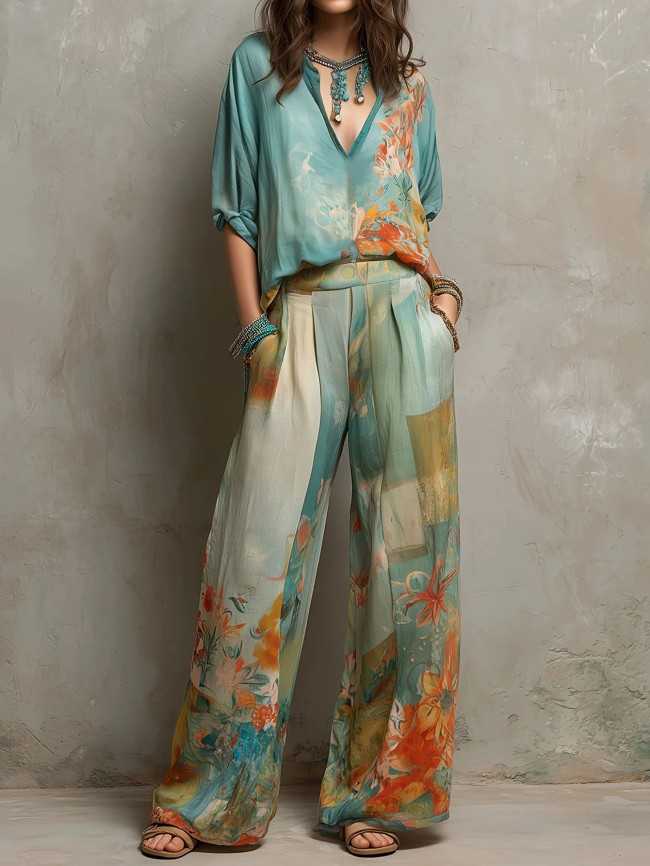 ✨Elegant Loose Floral Two Piece for Holiday & Dinner | V Neck Wide Leg Matching Outfit🌊