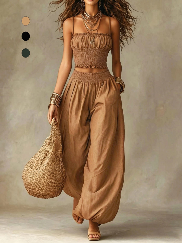 🤍Boho Solid Two Piece Set for Vacation & Beach | Spaghetti Strap Crop Top + Wide Leg Pants✨