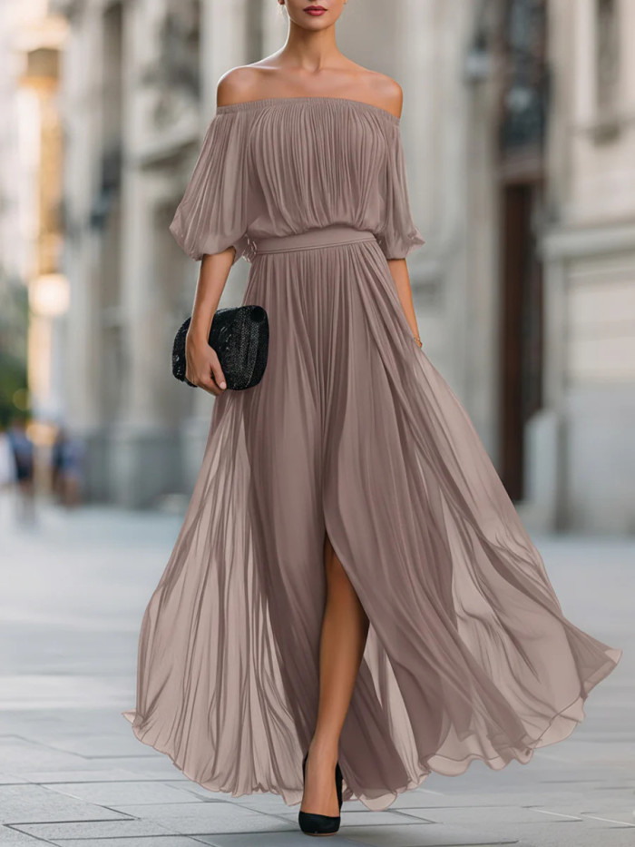 🌼Sexy Off Shoulder Evening Gown for Date & Event | Ruched Slit Flowy Chiffon Design🤎