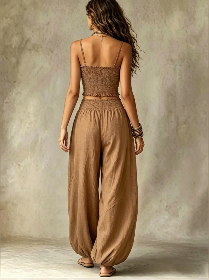 🤍Boho Solid Two Piece Set for Vacation & Beach | Spaghetti Strap Crop Top + Wide Leg Pants✨