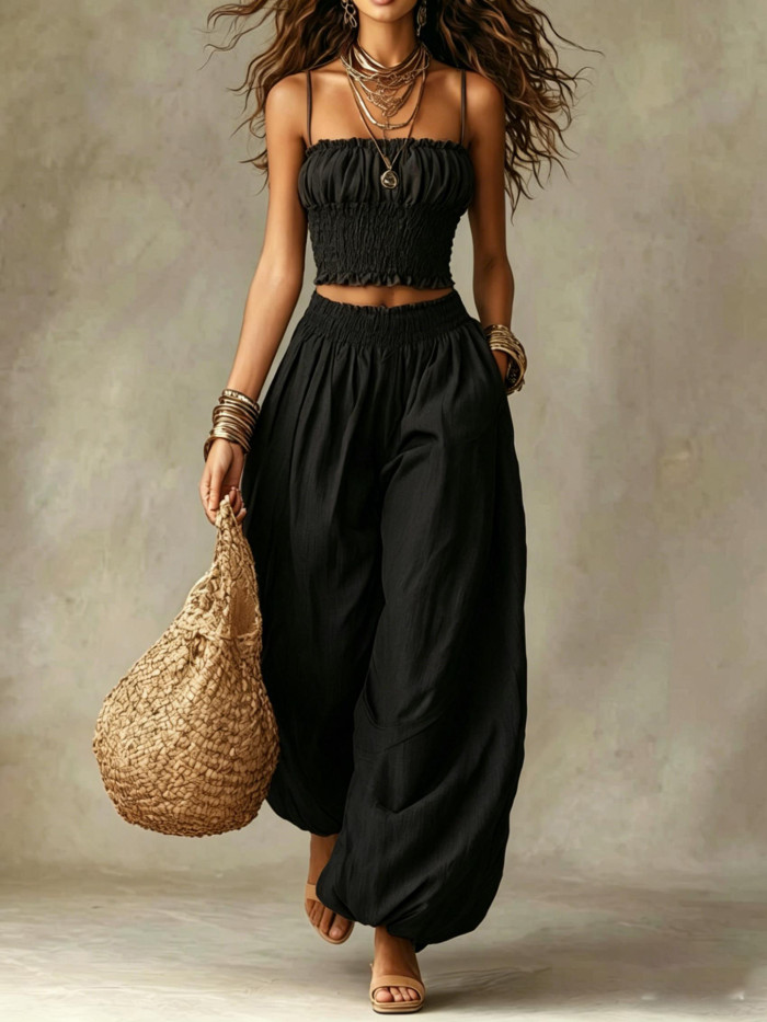 🤍Boho Solid Two Piece Set for Vacation & Beach | Spaghetti Strap Crop Top + Wide Leg Pants✨