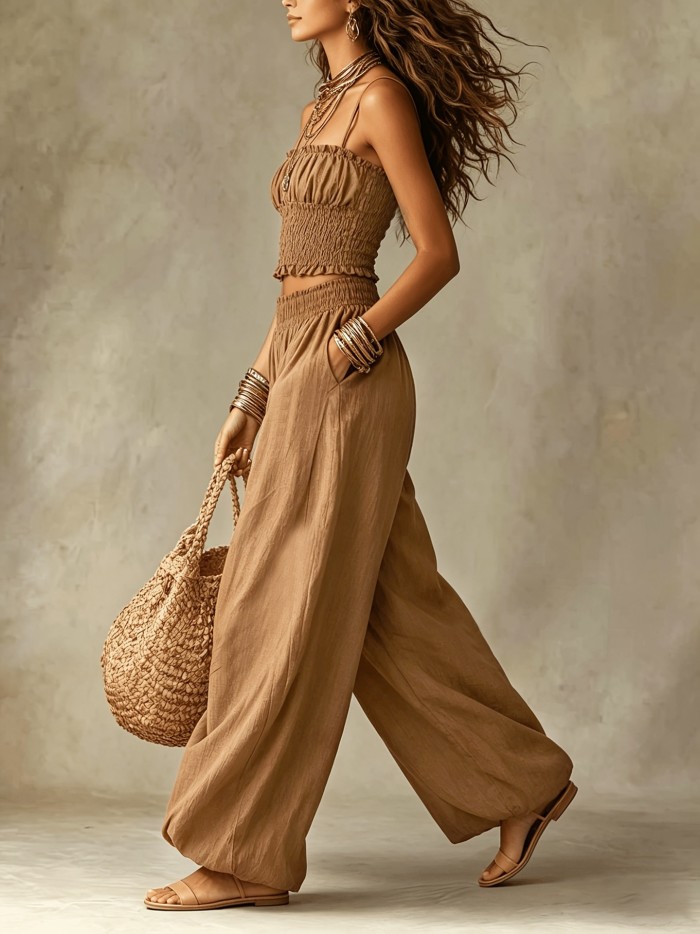 🤍Boho Solid Two Piece Set for Vacation & Beach | Spaghetti Strap Crop Top + Wide Leg Pants✨