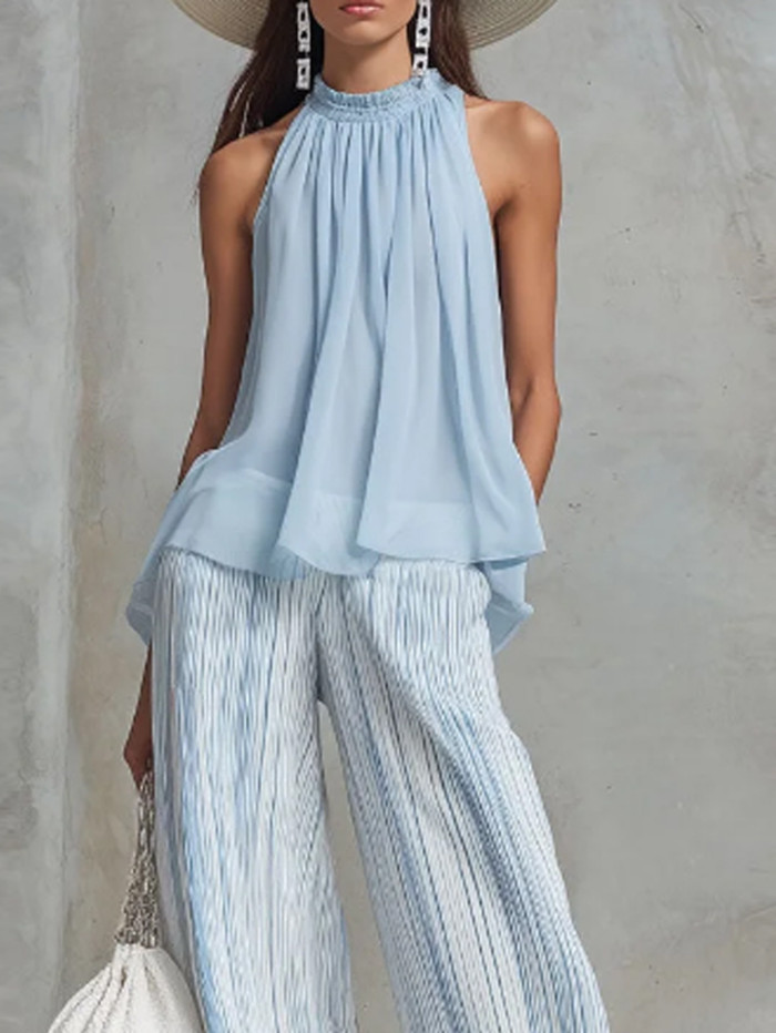 ✨Summer Striped Matching Suit for Beach & Brunch | Chiffon Sleeveless Wide Leg Outfit🌿