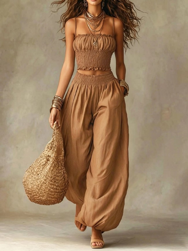 🤍Boho Solid Two Piece Set for Vacation & Beach | Spaghetti Strap Crop Top + Wide Leg Pants✨