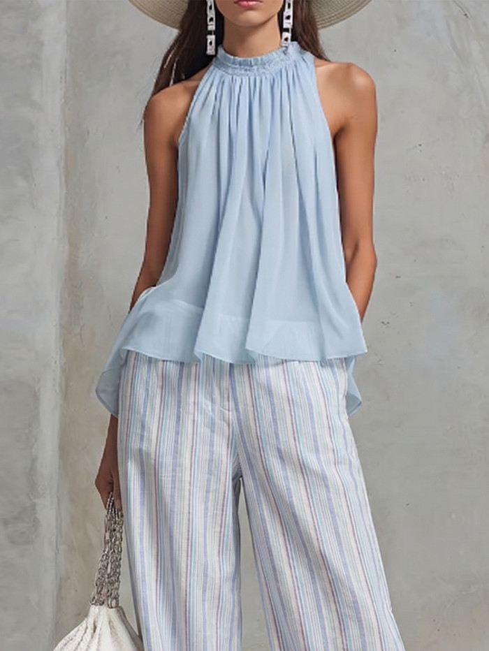 ✨Summer Striped Matching Suit for Beach & Brunch | Chiffon Sleeveless Wide Leg Outfit🌿