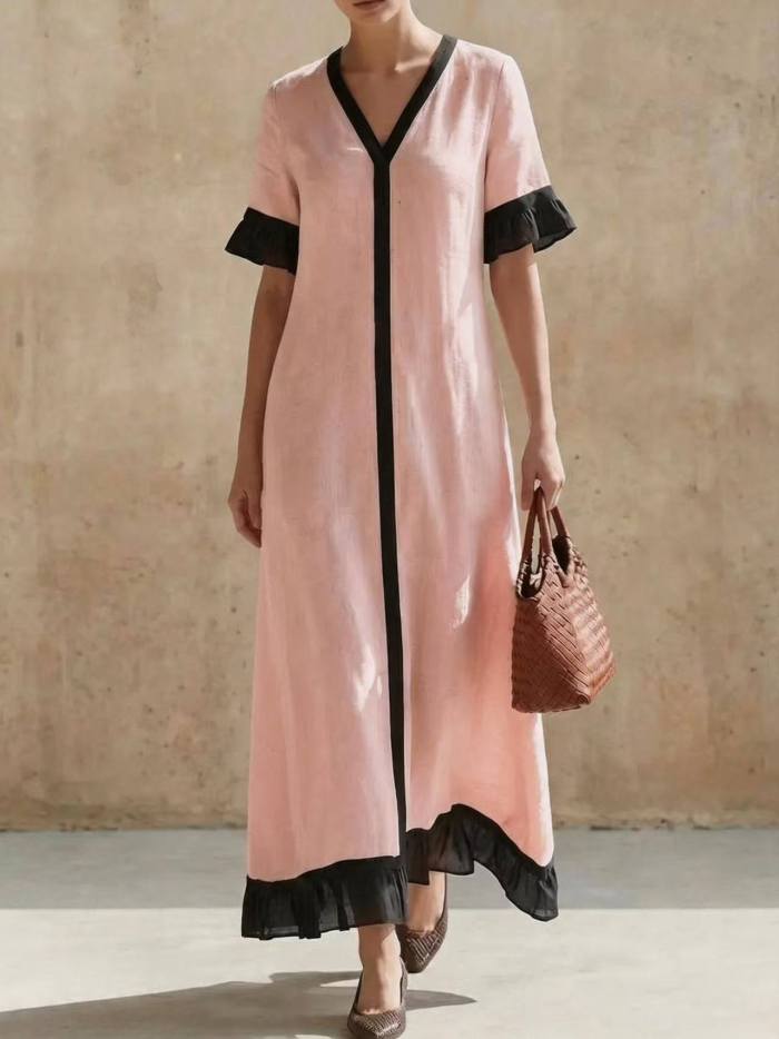 ✨Contrast Trim Loose Summer Dress for Brunch & Shopping | Short Flare Sleeve V Neck Gown🌿