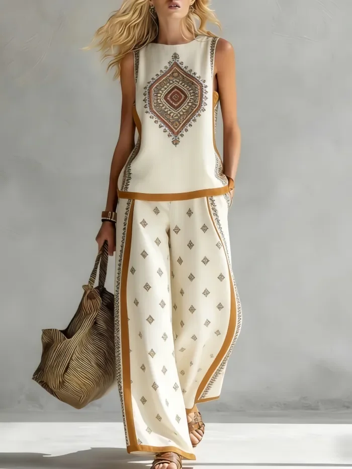 🤍Retro Print Two Piece Set for Daily & Vacation | Sleeveless Vest + Pocket Wide Leg Pants✨