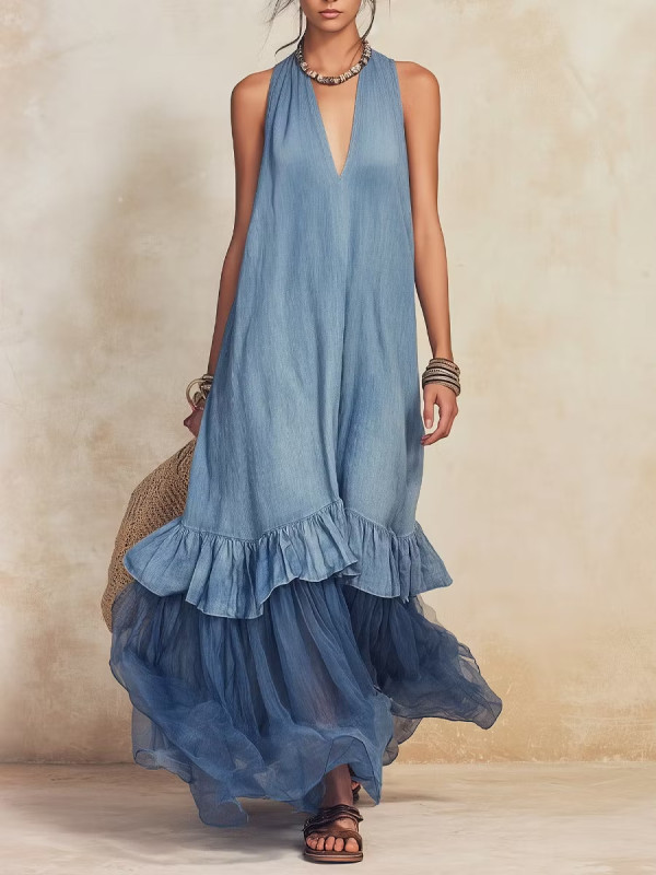🤎Summer Gauze Splice Linen Cotton Dress for Dating & Holiday | Loose V Neck Beach Wear✨