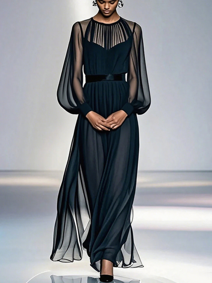🌼Elegant Mesh Splicing Long Dress for Dinner & Weekend Event | Figure-Flattering Waist Design🤎