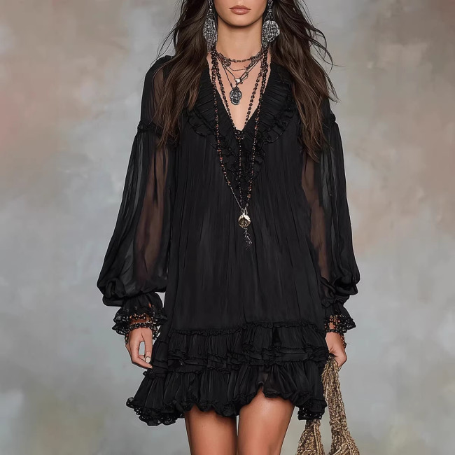 🤍V Neck Lace Ruffle Mini Dress for Party & Dating | Elegant Spring Women Outfit✨