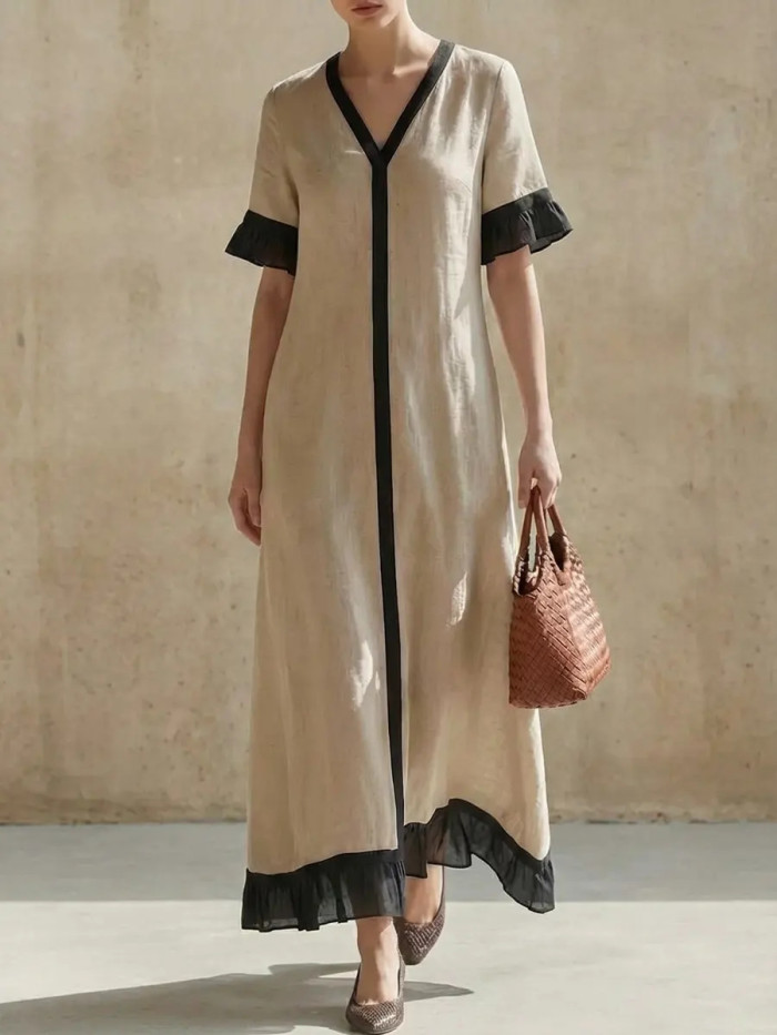 ✨Contrast Trim Loose Summer Dress for Brunch & Shopping | Short Flare Sleeve V Neck Gown🌿