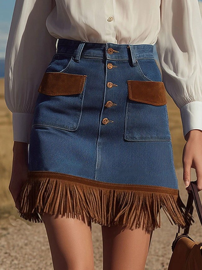 🌼High Waist Pocket Denim Mini Skirt for Date & Weekend | Western Cowgirl Fringe Design🤍