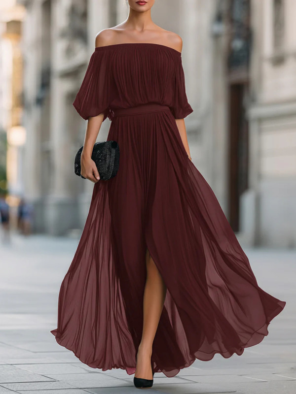 🌼Sexy Off Shoulder Evening Gown for Date & Event | Ruched Slit Flowy Chiffon Design🤎