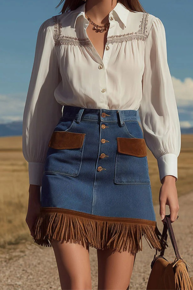 🌼High Waist Pocket Denim Mini Skirt for Date & Weekend | Western Cowgirl Fringe Design🤍