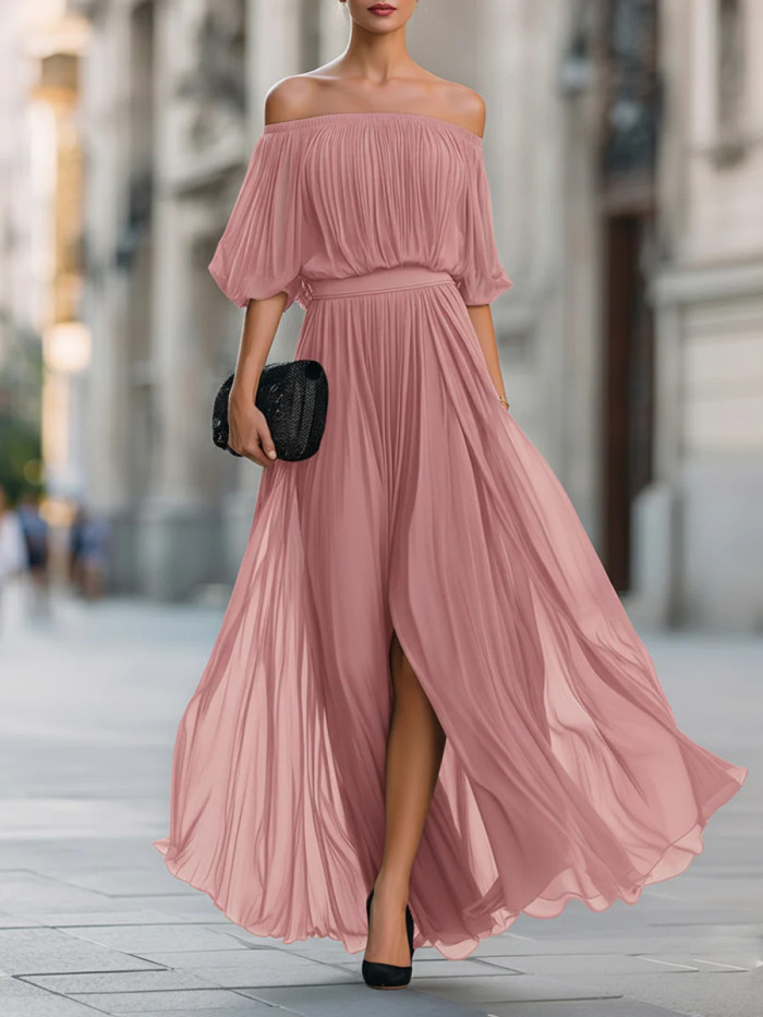 🌼Sexy Off Shoulder Evening Gown for Date & Event | Ruched Slit Flowy Chiffon Design🤎