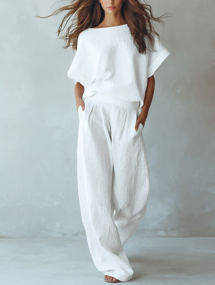 🤎Solid Linen Matching Set | Holiday & Daily Casual | Batwing Sleeve Wide Leg Pants