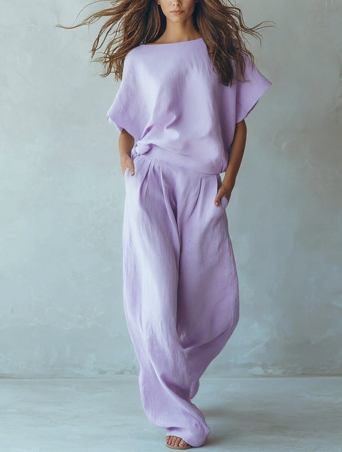 🤎Solid Linen Matching Set | Holiday & Daily Casual | Batwing Sleeve Wide Leg Pants