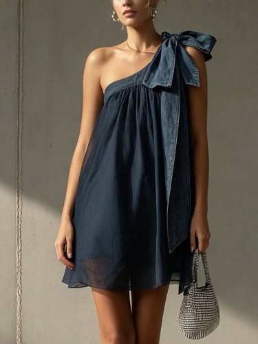 🌼Solid One Shoulder Chiffon Mini Dress for Dinner & Weekend | Lace-Up Bow Backless Design🤎