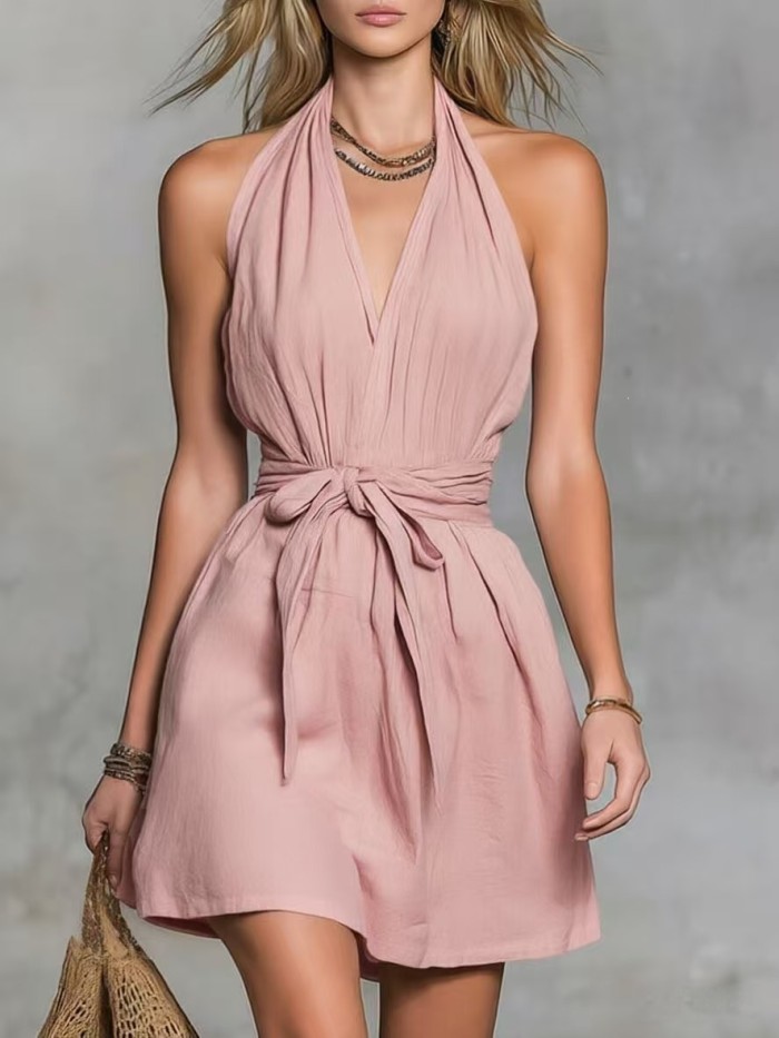 🤍V Neck Lace-Up Backless Mini Dress for Beach & Vacation | Sleeveless Slim Summer Sundress✨