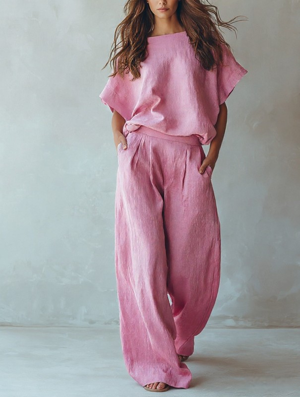🤎Solid Linen Matching Set | Holiday & Daily Casual | Batwing Sleeve Wide Leg Pants
