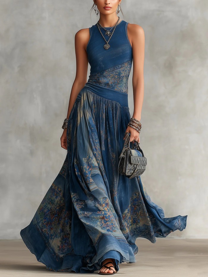🤍Boho Print Strap A-Line Maxi Dress for Beach & Vacation | O-Neck Vintage Summer Outfit✨