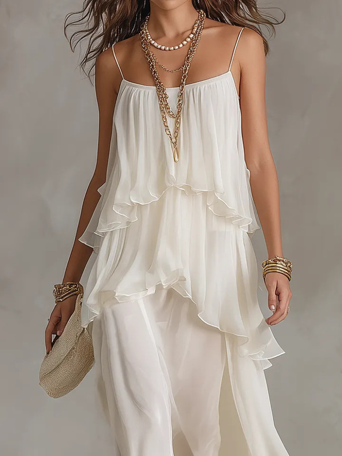 ✨Spaghetti Strap Chiffon Maxi Dress | Beach & Date Night | Ruffle Irregular Hem Sundress