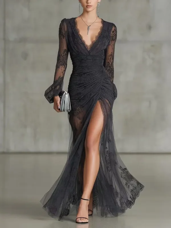 ✨A Line Mermaid Lace Evening Dress for Banquet & Party | Long Sleeve V Neck Black Formal Gown🌿