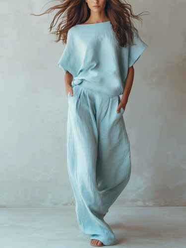 🤎Solid Linen Matching Set | Holiday & Daily Casual | Batwing Sleeve Wide Leg Pants