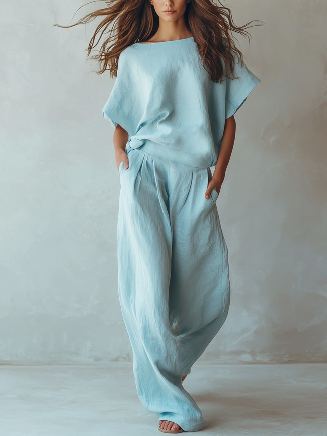🤎Solid Linen Matching Set | Holiday & Daily Casual | Batwing Sleeve Wide Leg Pants