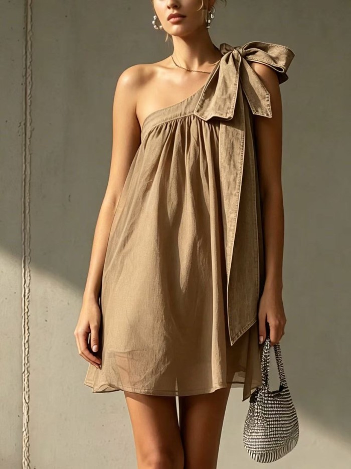🌼Solid One Shoulder Chiffon Mini Dress for Dinner & Weekend | Lace-Up Bow Backless Design🤎
