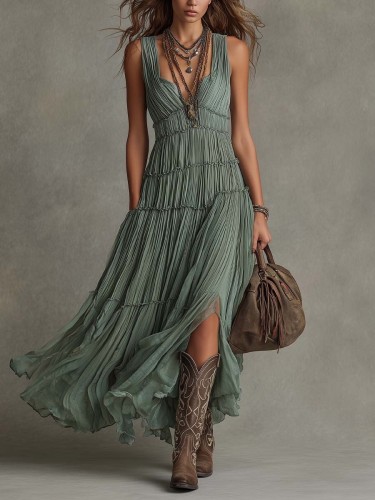 🤍Deep V Tiered Pleated Maxi Dress for Beach & Vacation | Sleeveless Boho Swing Gown✨