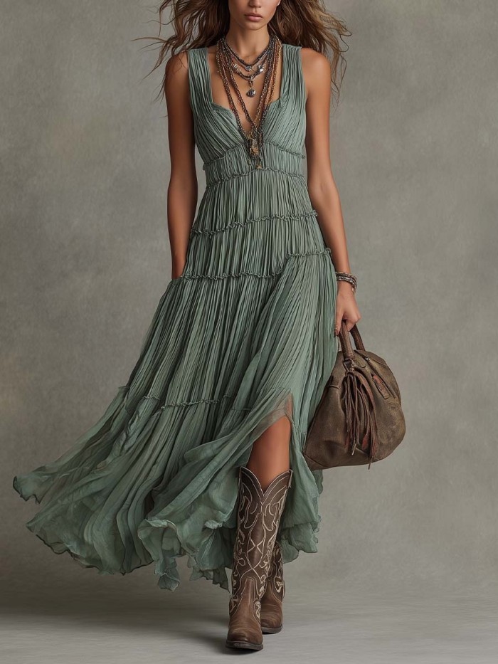 🤍Deep V Tiered Pleated Maxi Dress for Beach & Vacation | Sleeveless Boho Swing Gown✨