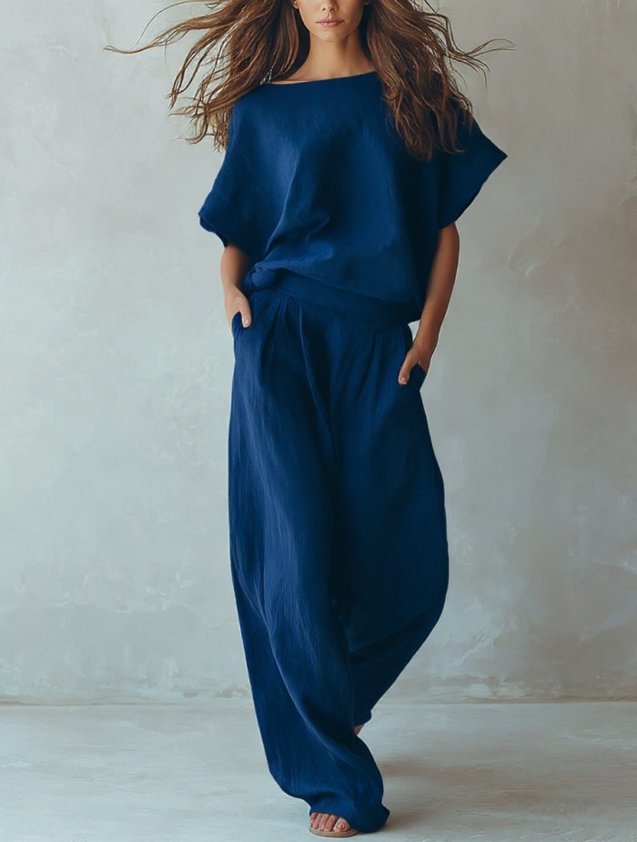 🤎Solid Linen Matching Set | Holiday & Daily Casual | Batwing Sleeve Wide Leg Pants
