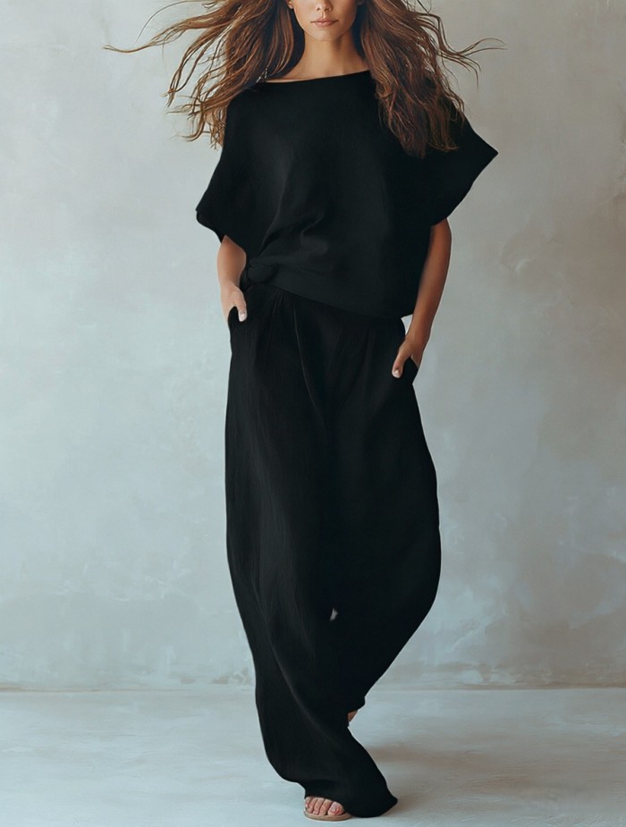 🤎Solid Linen Matching Set | Holiday & Daily Casual | Batwing Sleeve Wide Leg Pants