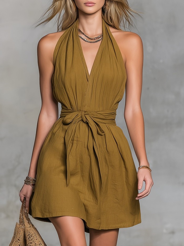 🤍V Neck Lace-Up Backless Mini Dress for Beach & Vacation | Sleeveless Slim Summer Sundress✨
