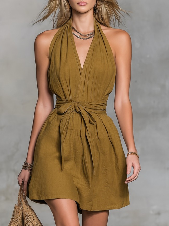 🤍V Neck Lace-Up Backless Mini Dress for Beach & Vacation | Sleeveless Slim Summer Sundress✨