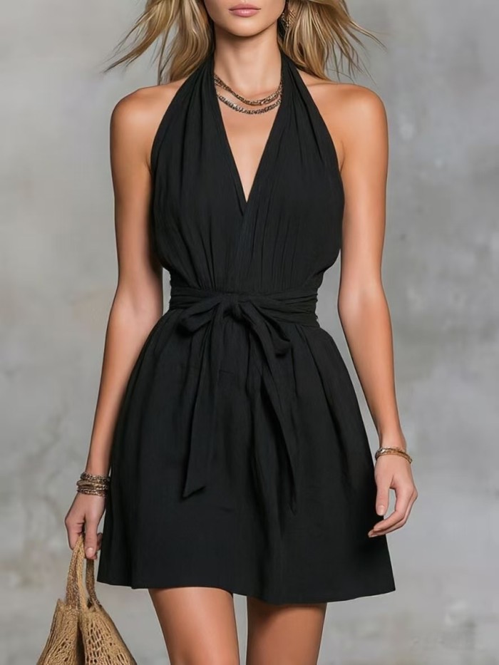 🤍V Neck Lace-Up Backless Mini Dress for Beach & Vacation | Sleeveless Slim Summer Sundress✨