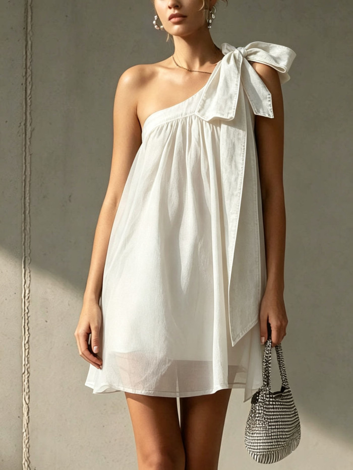 🌼Solid One Shoulder Chiffon Mini Dress for Dinner & Weekend | Lace-Up Bow Backless Design🤎