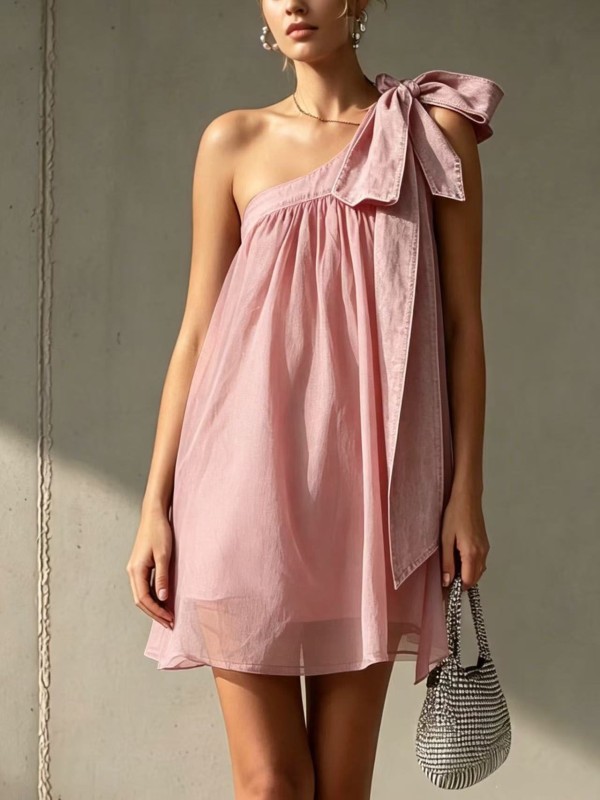 🌼Solid One Shoulder Chiffon Mini Dress for Dinner & Weekend | Lace-Up Bow Backless Design🤎