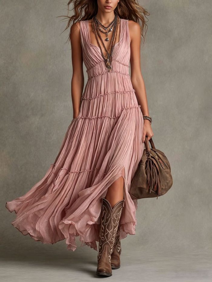 🤍Deep V Tiered Pleated Maxi Dress for Beach & Vacation | Sleeveless Boho Swing Gown✨