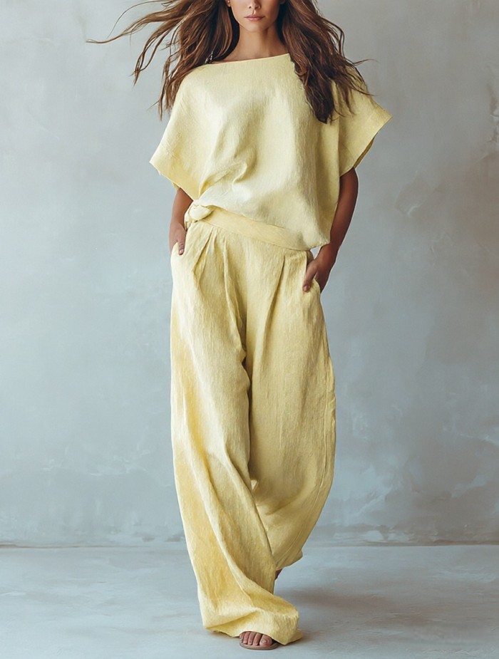 🤎Solid Linen Matching Set | Holiday & Daily Casual | Batwing Sleeve Wide Leg Pants