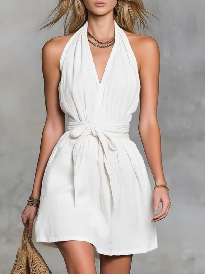 🤍V Neck Lace-Up Backless Mini Dress for Beach & Vacation | Sleeveless Slim Summer Sundress✨