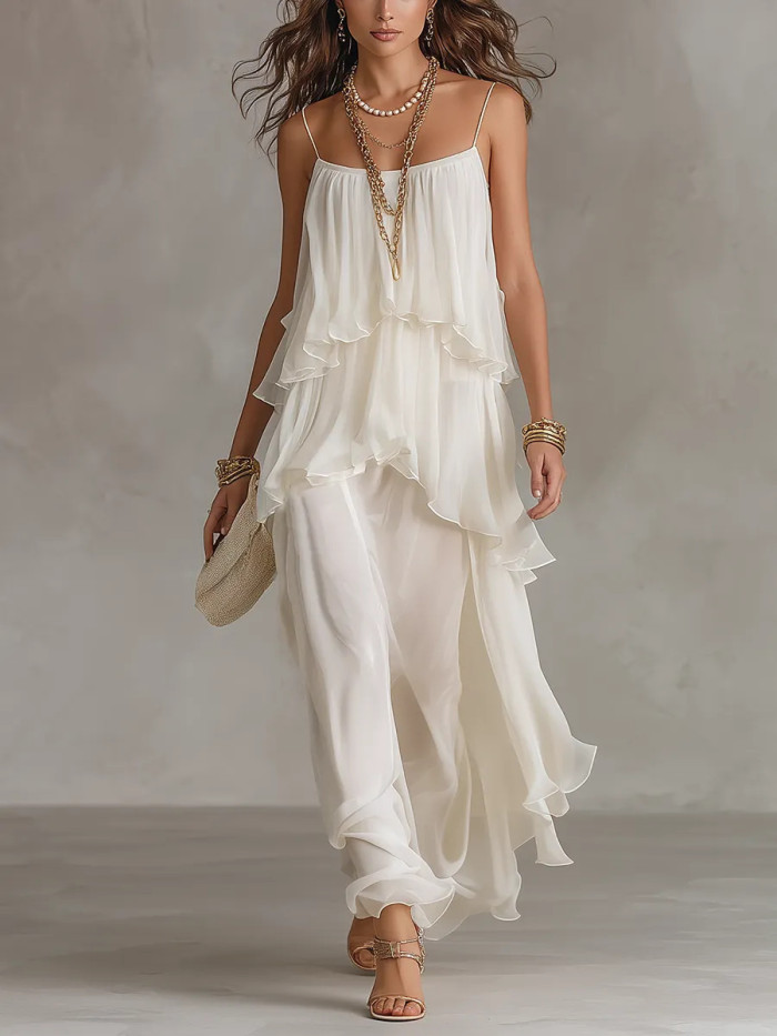 ✨Spaghetti Strap Chiffon Maxi Dress | Beach & Date Night | Ruffle Irregular Hem Sundress