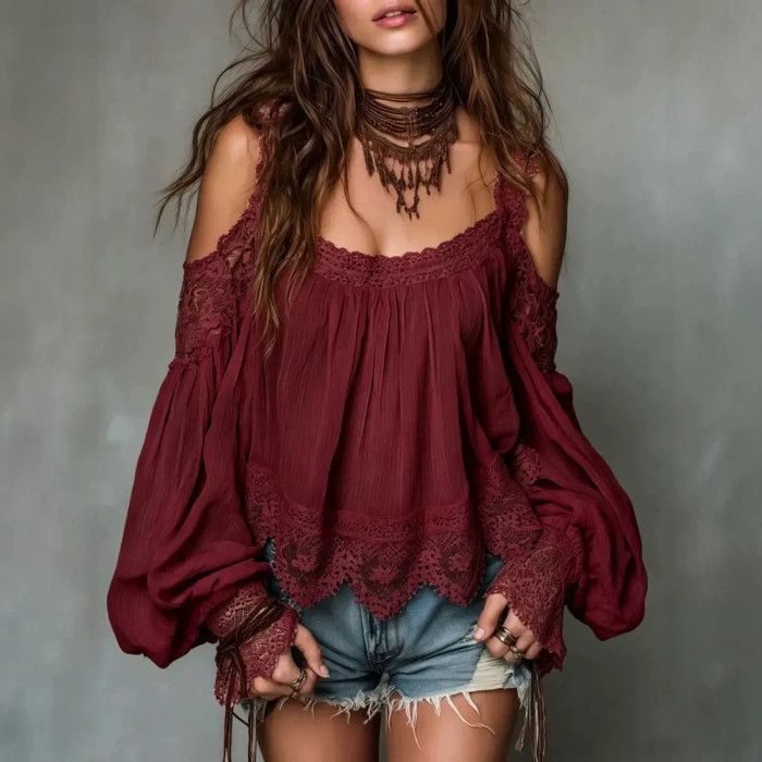 ✨Hollow Lace Trim Boho Shirt for Brunch & Streetwear | Off Shoulder Lantern Sleeve Blouse🌿