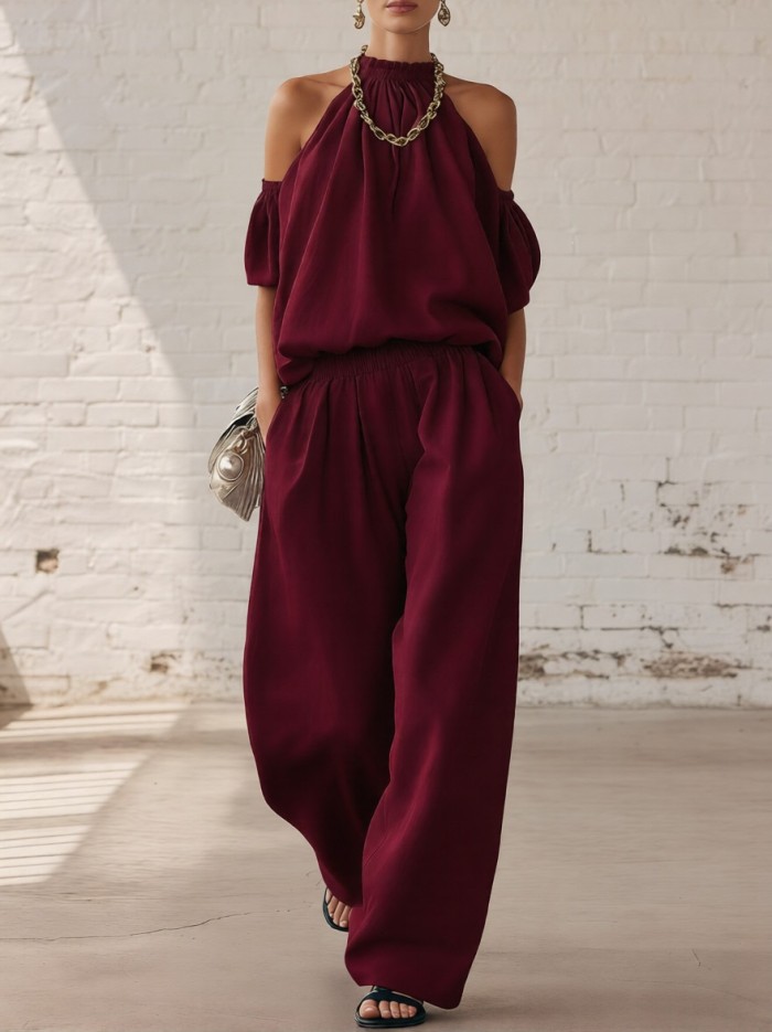 🤍Elegant Loose Two Piece Outfit | Vacation & Streetwear | Halter Off Shoulder Top Trousers