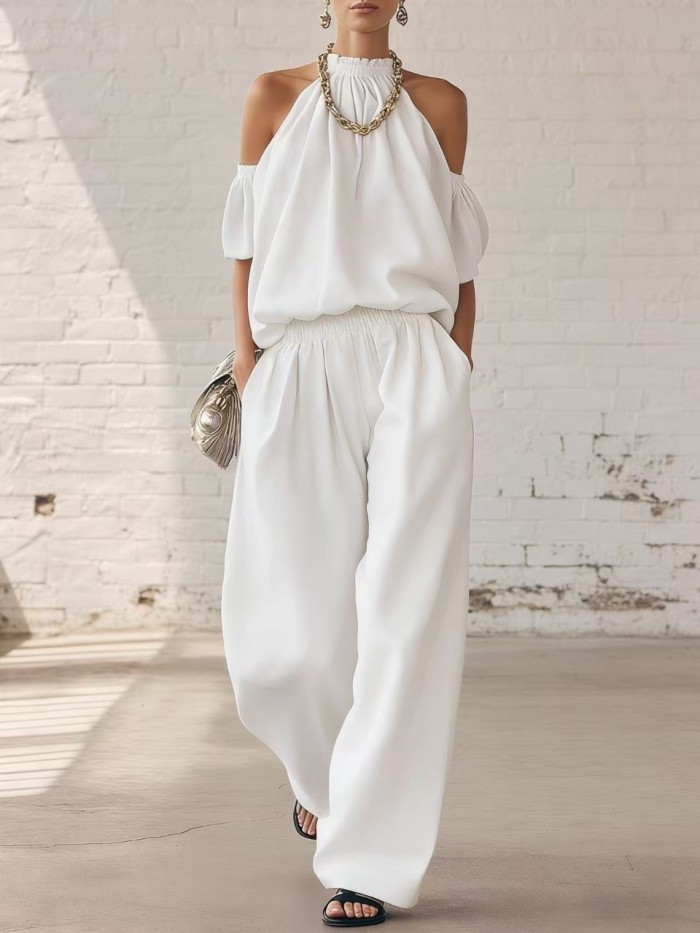 🤍Elegant Loose Two Piece Outfit | Vacation & Streetwear | Halter Off Shoulder Top Trousers