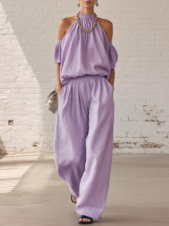 🤍Elegant Loose Two Piece Outfit | Vacation & Streetwear | Halter Off Shoulder Top Trousers