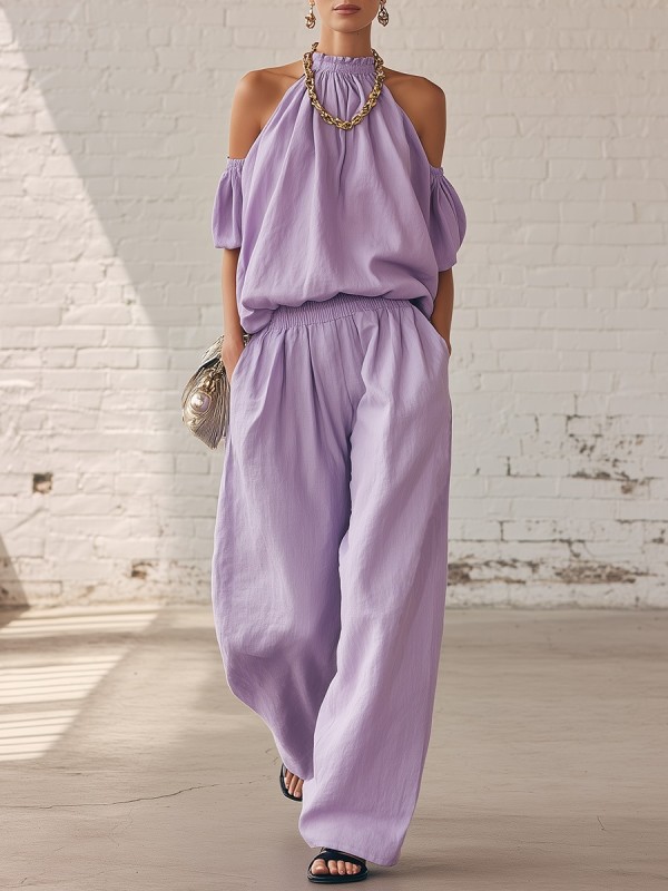 🤍Elegant Loose Two Piece Outfit | Vacation & Streetwear | Halter Off Shoulder Top Trousers